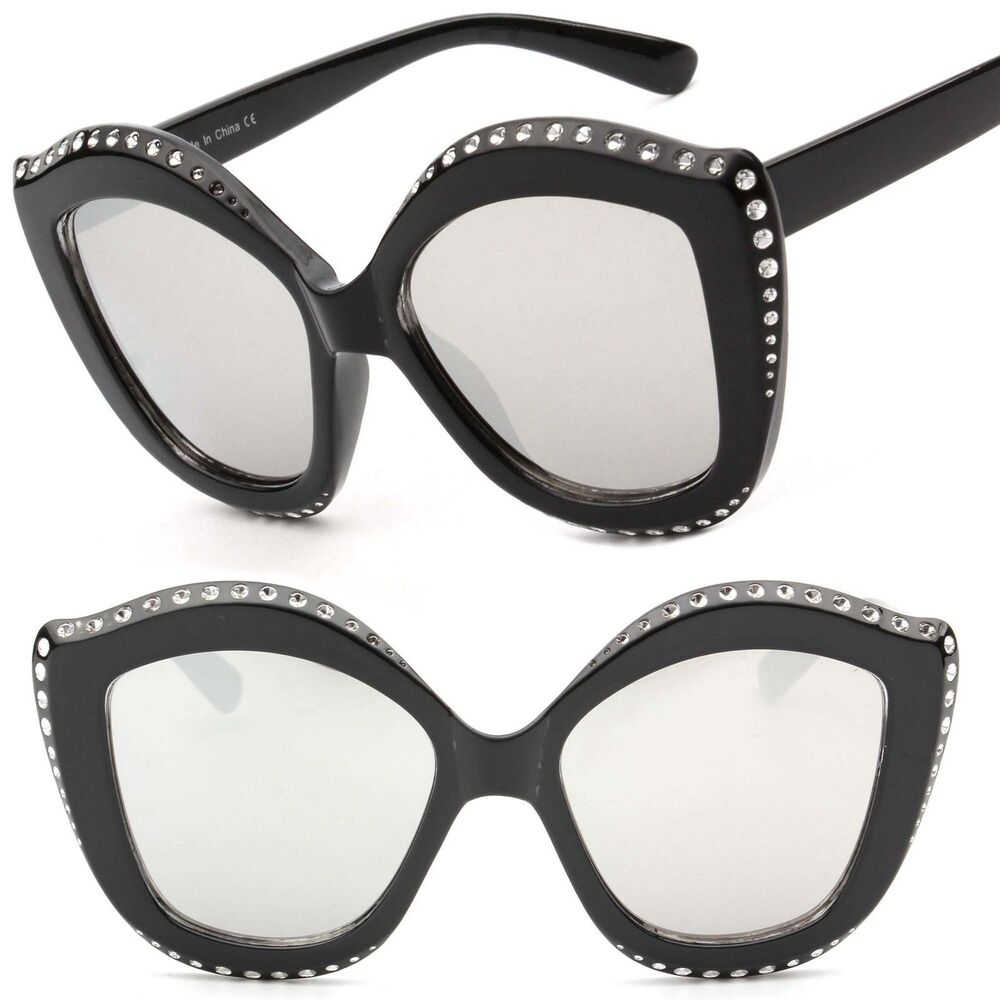 Womens Fancy Curved Cat Eye Black Mirrored Lens Sunglasses